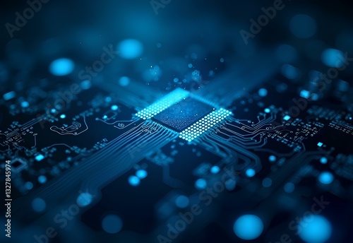 Futuristic glowing microchip with neon blue circuits, AI processor, cyber technology, digital innovation, machine learning, quantum computing, high-tech motherboard, advanced semiconductor.