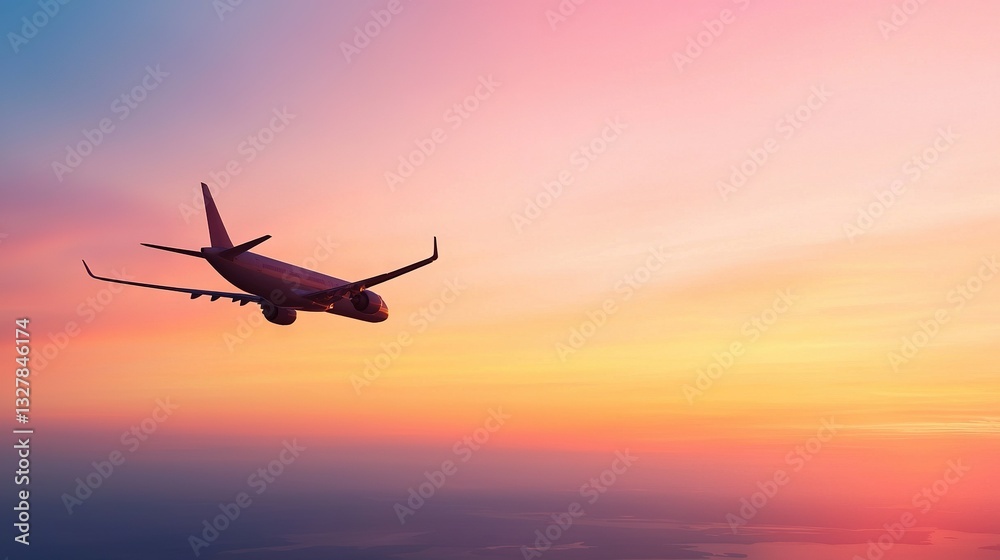 A large jetliner flies through a vibrant sky, over water and with a stunning sunset in the background A large jetliner flies through a vibrant sky, over water and with a stunning sunset in the background
