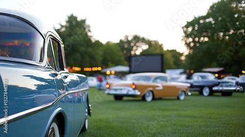 Classic cars parked on a lawn during a summer evening event