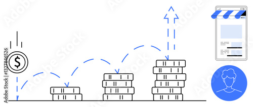 Coins stack progressively taller, symbolizing revenue growth. Dollar sign, digital storefront, profile icon suggest e-commerce, finance, and customer engagement. Ideal for business, economy