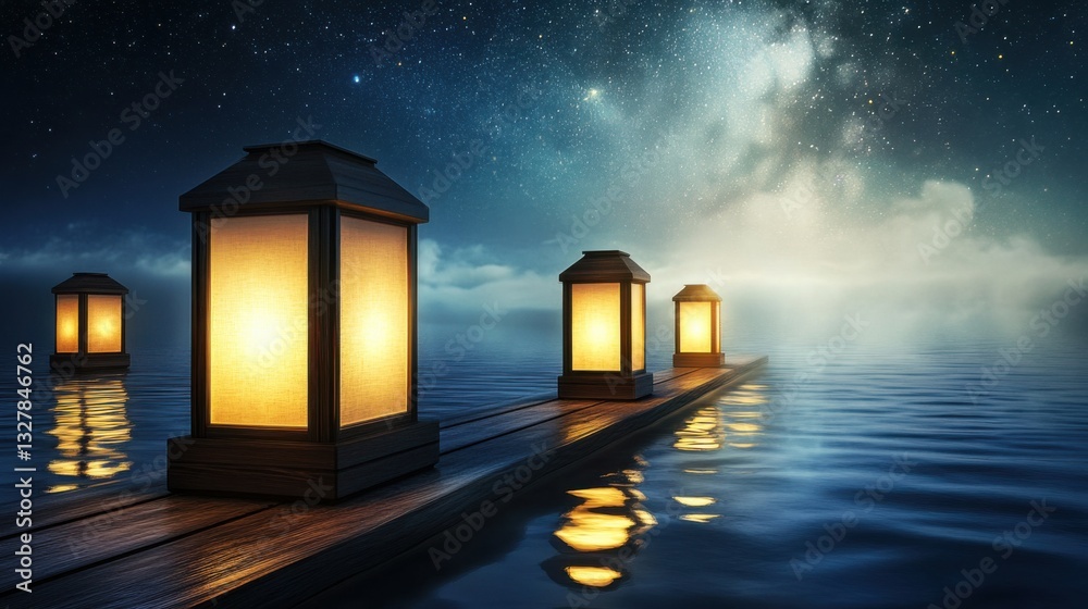 Tranquil Lanterns Reflecting on Starry River Water