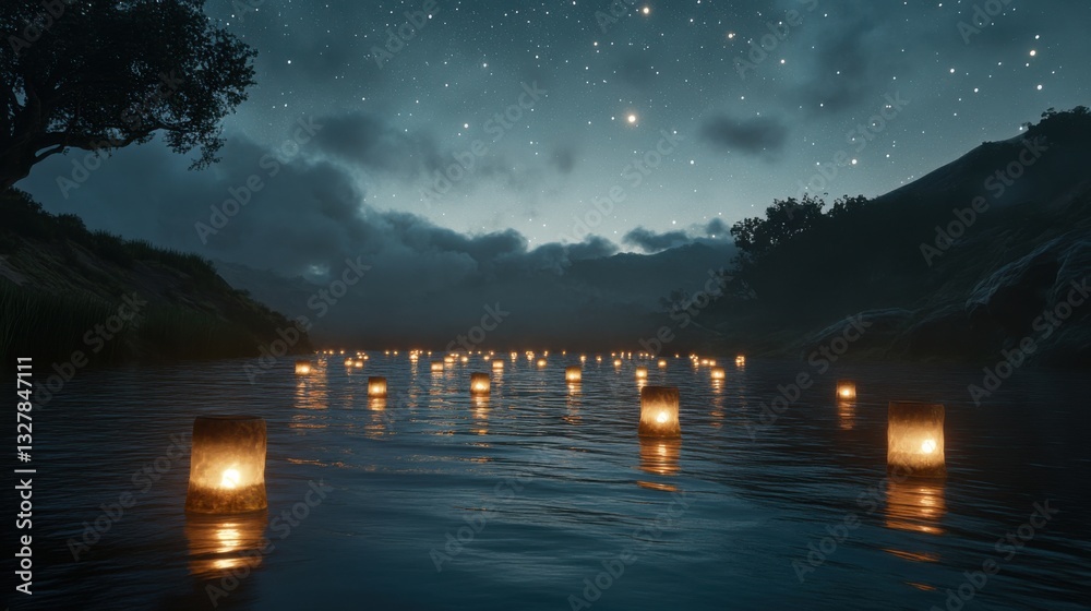 Tranquil River Lanterns Under Starry Sky