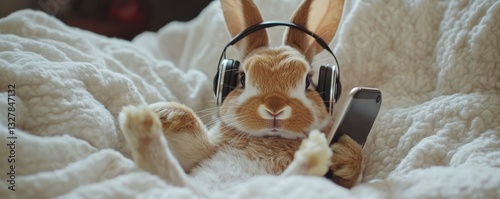 A cozy rabbit enjoying music while lounging on a soft blanket, wearing headphones and holding a smartphone in its paws on a leisurely afternoon at home video