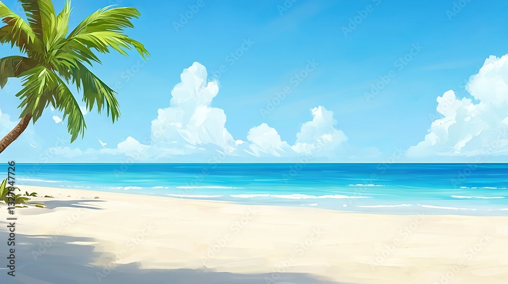 Fototapeta premium A stunning beach painting featuring a prominent palm tree in the foreground and a captivating blue ocean in the background