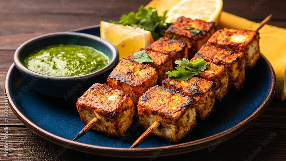 Spicy paneer skewers on a dark plate, garnished with cilantro and lemon Spicy paneer skewers on a dark plate, garnished with cilantro and lemon