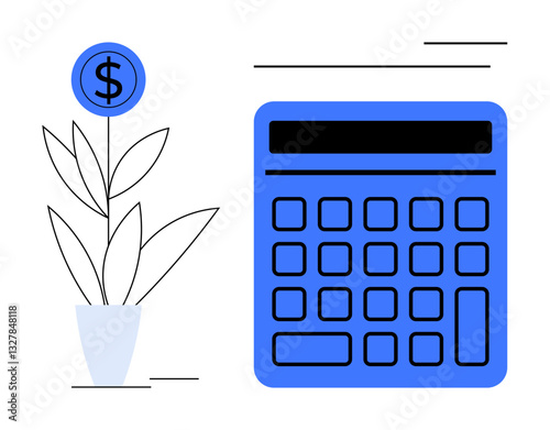 Growing plant with dollar sign beside a large calculator symbolizing financial planning, profits, and economic growth. Ideal for finance, investment, budgeting, accounting, savings, calculation