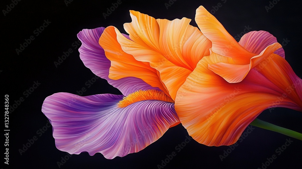 Fototapeta premium Two orange and purple flowers on a black background with a green stem in the center