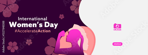 International Women's Day. Banner design with abstract frame and woman silhouette, floral element for celebration, campaigns, advertisement for acceleration action on March 8