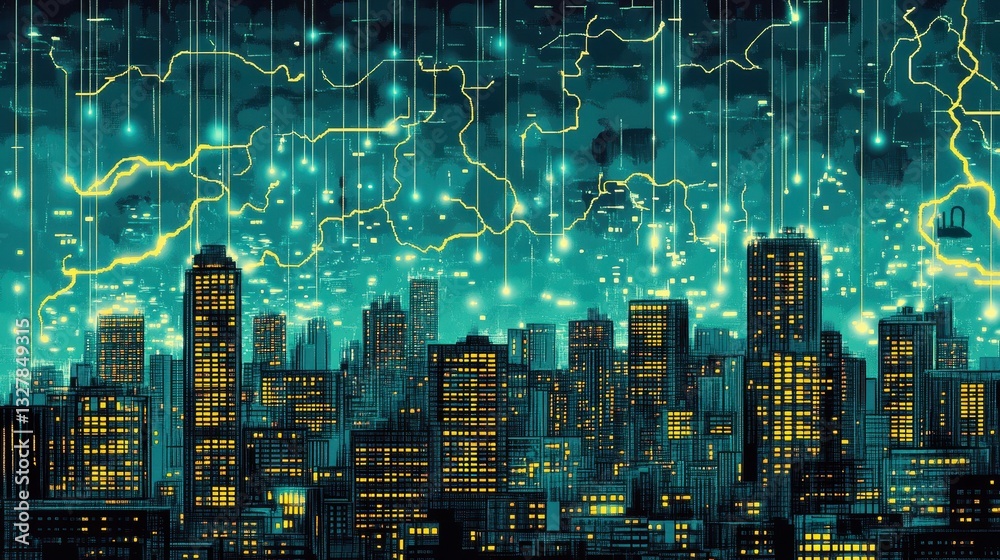 Obraz premium A futuristic urban cityscape with data connections and digital lightning