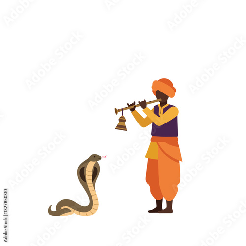 Snake charmer playing flute with cobra in flat vector illustration