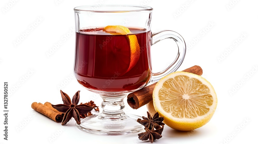 Glass of tasty mulled wine with lemon isolated Glass of tasty mulled wine with lemon isolated