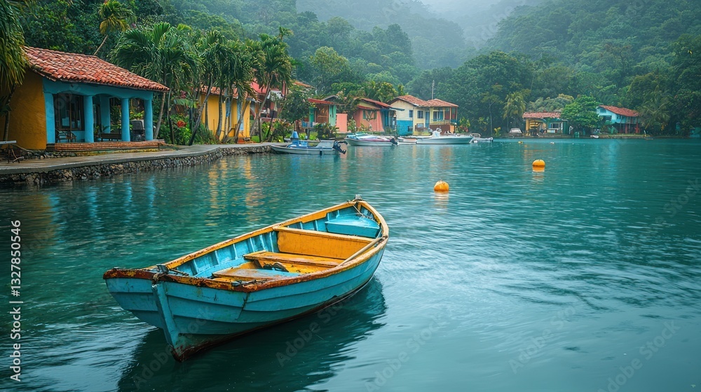 Obraz premium Colorful houses line a calm bay with a small boat.