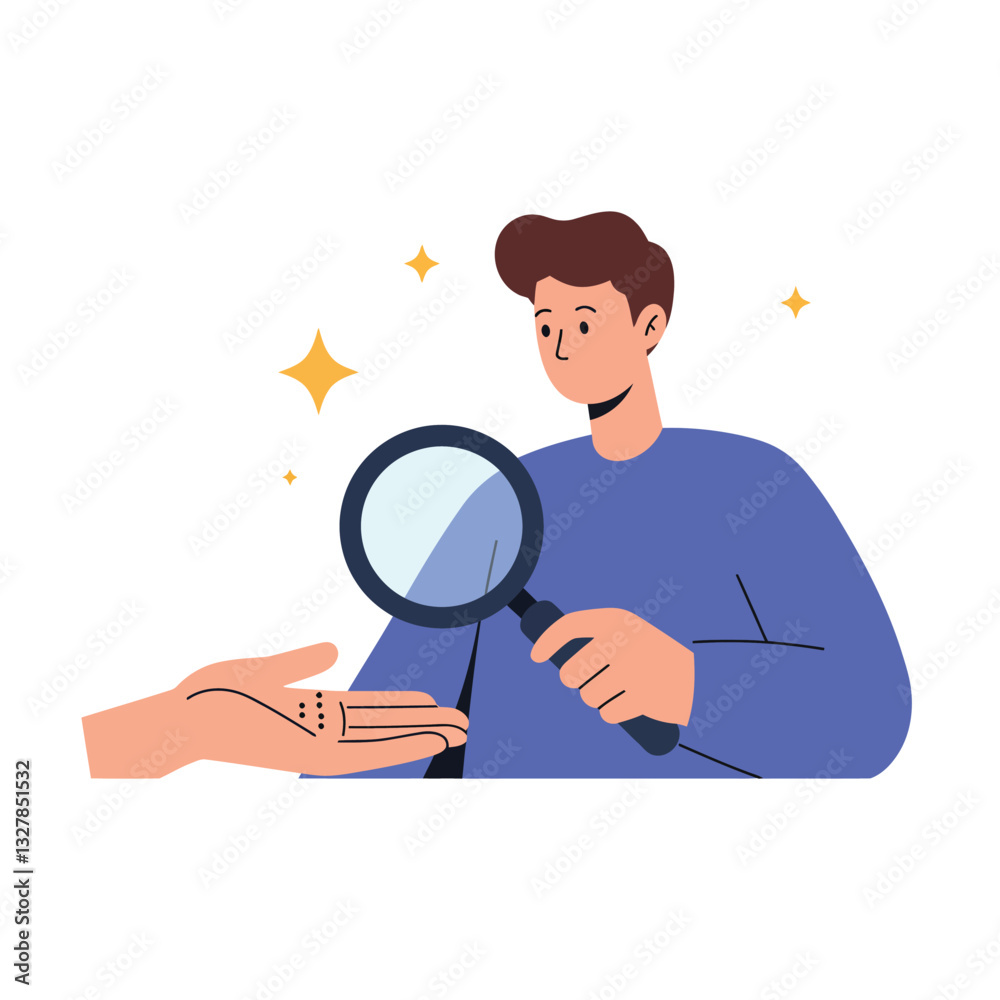 Person holding magnifying glass inspecting hand in flat vector art Person holding magnifying glass inspecting hand in flat vector art
