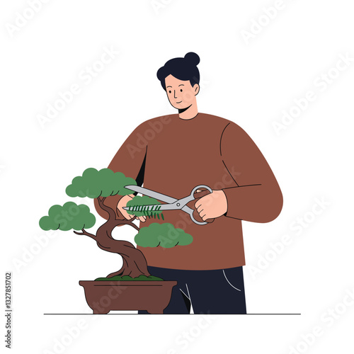 Person pruning bonsai tree in flat minimal vector art style