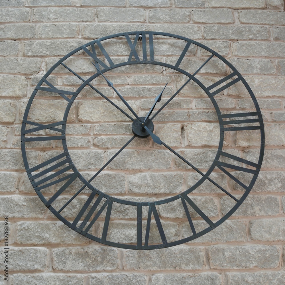 A large metal wire frame clock with roman numerals hangs on a grey stone wall. A large metal wire frame clock with roman numerals hangs on a grey stone wall.