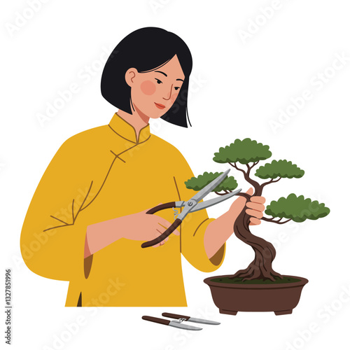 Woman Pruning Bonsai Tree in Flat Minimalist Style Vector Art