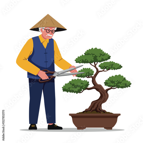 Elderly man pruning bonsai tree in flat vector art style