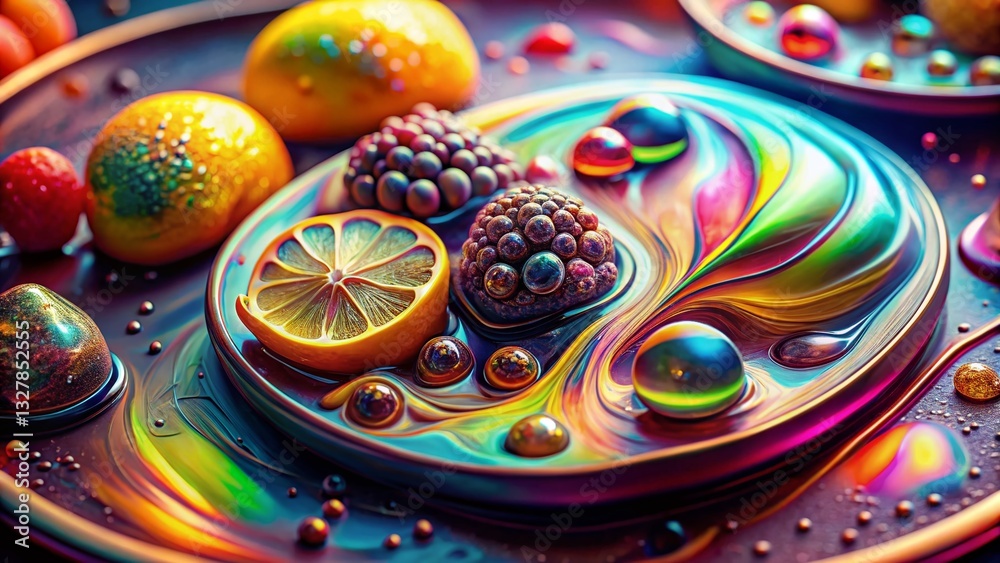 Fototapeta premium Holographic Rainbow Liquid Metallic Mosaic Food Art: Vibrant Colorful Digital Painting