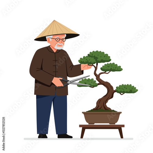 Bonsai tree caretaker trimming branches in flat vector illustration style