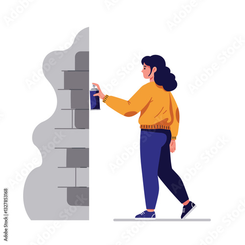 Woman spray painting a wall in minimal flat vector art