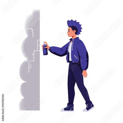 Young artist applying spray paint on wall in flat vector illustration