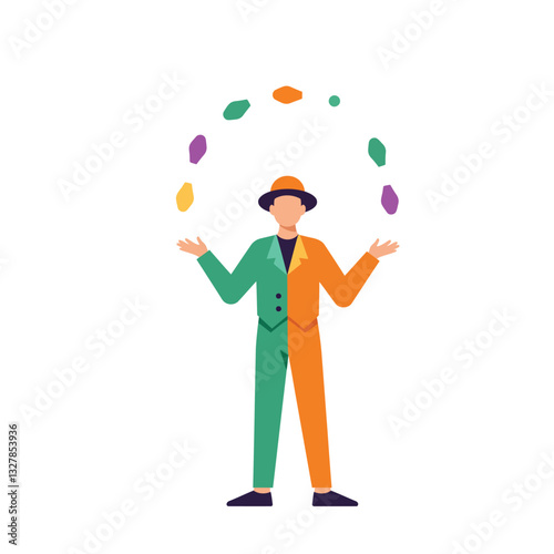 Juggler performing tricks in flat design style showcasing vibrant colors and fluid shapes vector art