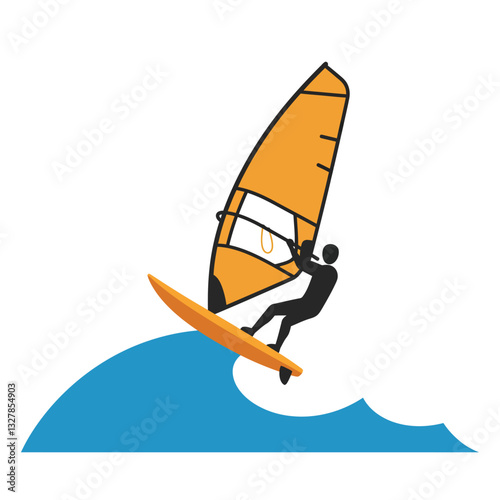 Windsurfer riding waves in vibrant colors, flat design vector art