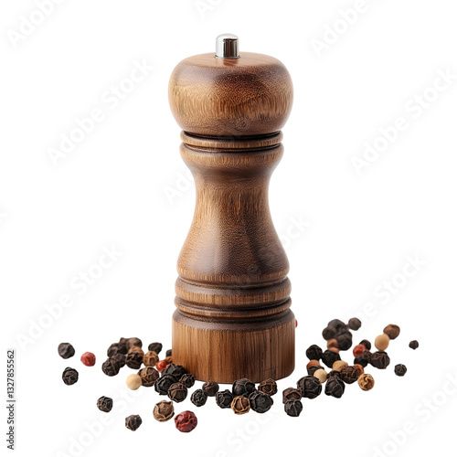 Wooden pepper grinder with adjustable coarseness isolated on transparent white background