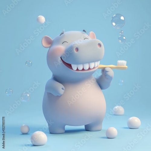 Cute hippo brushing teeth.  Bubbles and dental hygiene
