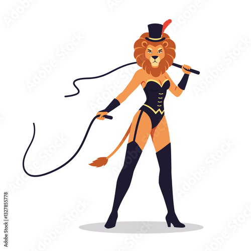 Lion character dressed in stylish outfit with whip in flat vector illustration