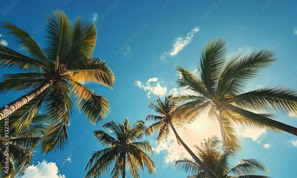 Tropical paradise Palm trees under sunny sky, beach background, travel postcard Tropical paradise Palm trees under sunny sky, beach background, travel postcard