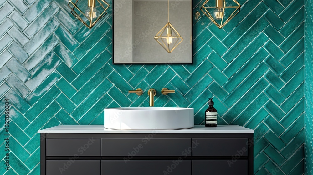 A vibrant and colorful bathroom with teal-colored tiles in a herringbone pattern