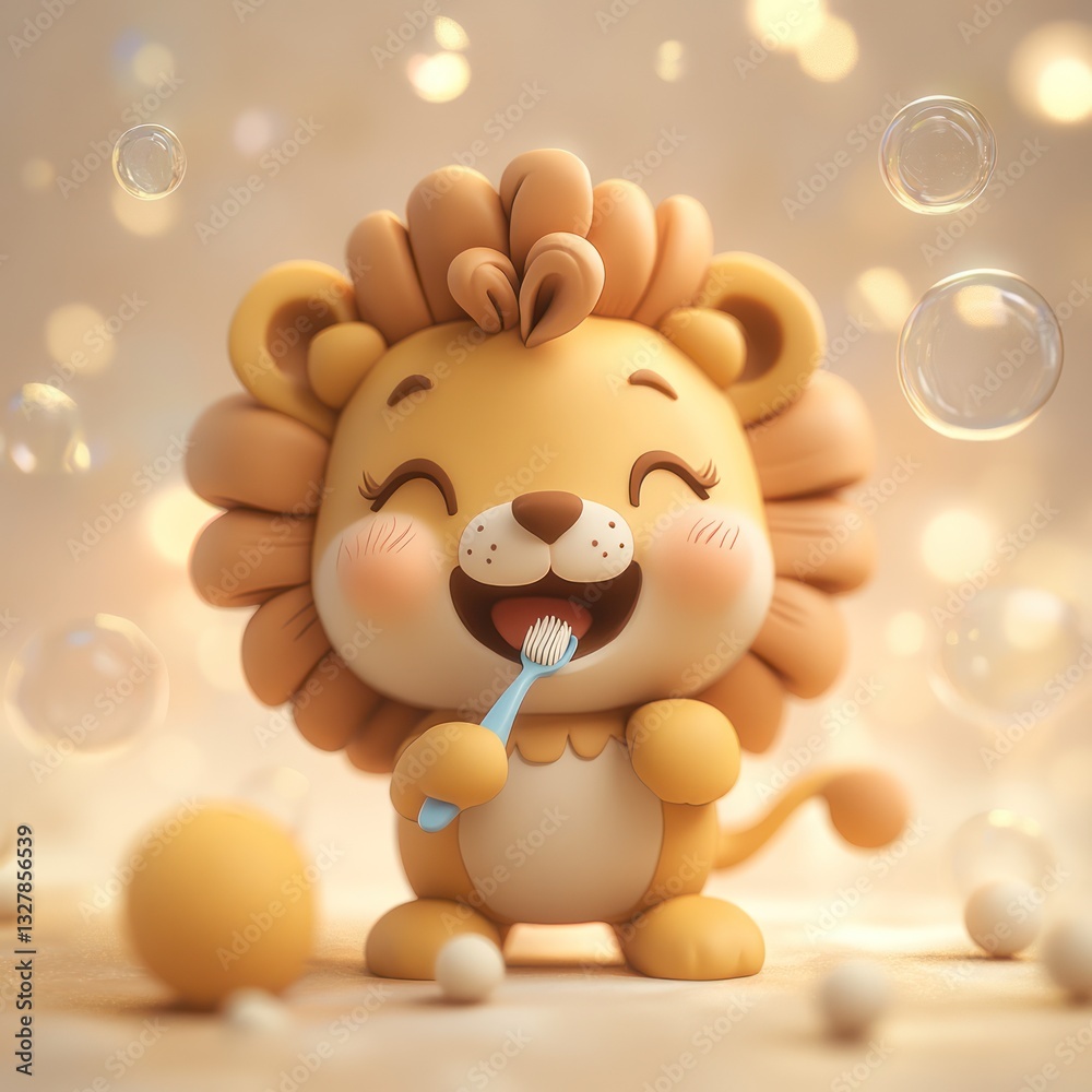 Cute lion cub brushing teeth, surrounded by bubbles and lights. A happy, cartoon-like lion character, in pastel colors, is meticulously brushing its teeth with a toothbrush. Cute lion cub brushing teeth, surrounded by bubbles and lights. A happy, cartoon-like lion character, in pastel colors, is meticulously brushing its teeth with a toothbrush.