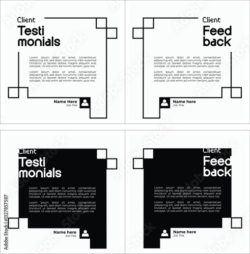 Testimonial template feed layout design with black and white background.