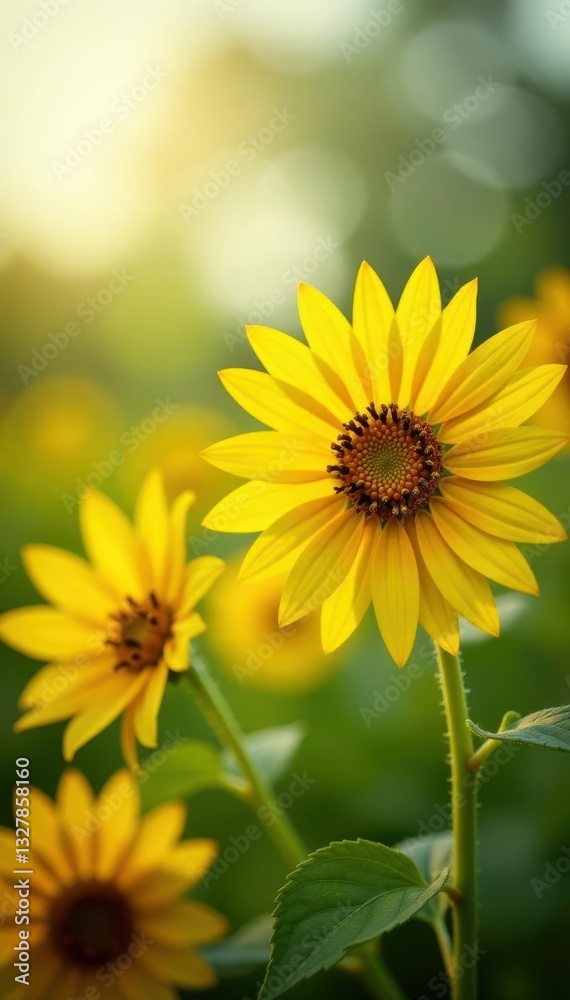 Fototapeta premium Vibrant yellow wild sunflowers, blurred background, yellow, bright