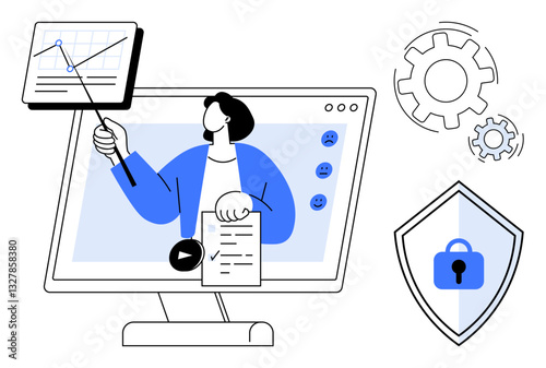 Person giving online presentation, pointing at graph on screen, holding document. Security shield with padlock, processing gears. Ideal for webinars, training, cybersecurity, data analysis remote