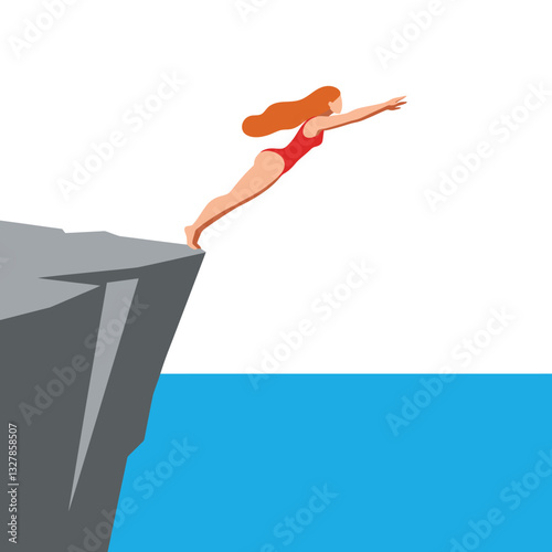 Woman diving off a cliff into the ocean in flat vector art