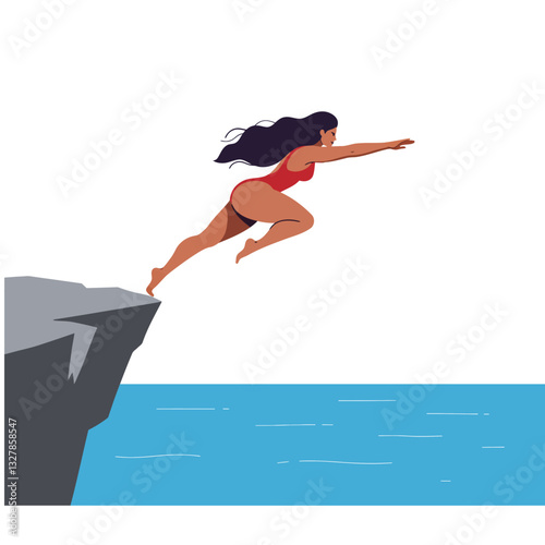 Woman leaping off a cliff into water in flat vector art