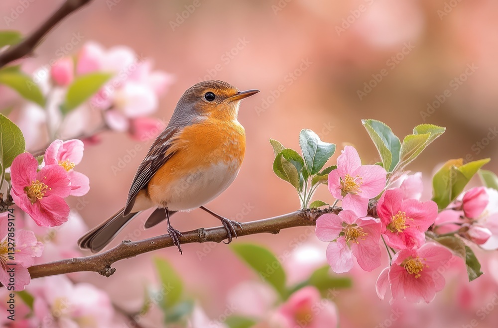 Obraz premium Colorful bird perched on branch amidst blooming pink flowers in springtime garden, showcasing vibrant nature scene with delicate petals and ecological beauty.
