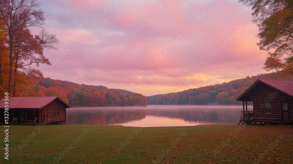 Serene Autumn Fishing Spots at Twilight with Rustic Cabins Serene Autumn Fishing Spots at Twilight with Rustic Cabins