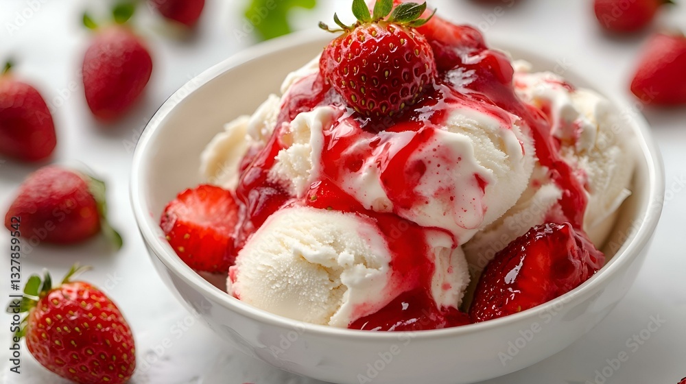 Delicious Strawberry Sauce over Vanilla Ice Cream with Fresh Strawberries isolated on white background Delicious Strawberry Sauce over Vanilla Ice Cream with Fresh Strawberries isolated on white background