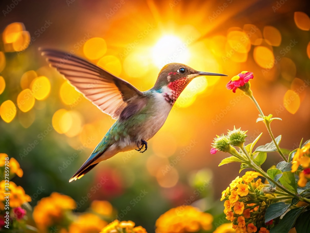 Fototapeta premium Hummingbird Sunset Bloom: Candid Wildlife Photography