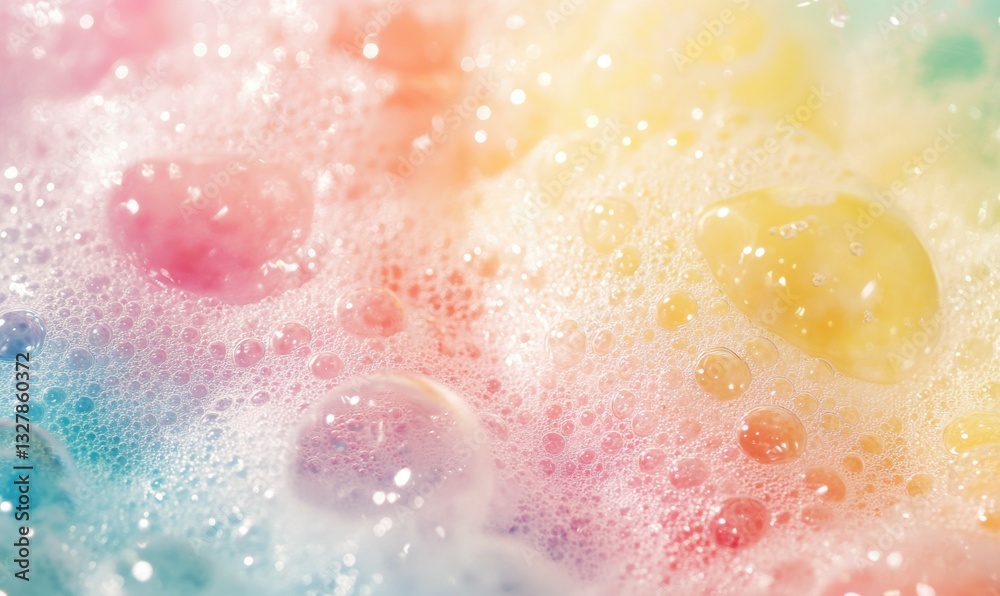 Fototapeta premium Swirl of colorful bubbles in a bathtub. The bubbles are in various colors, including pink, yellow, and blue. Concept of fun and relaxation, as the bubbles create a playful and whimsical atmosphere
