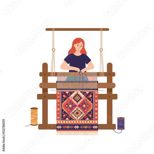 Woman weaving colorful tapestry at loom in flat vector art style