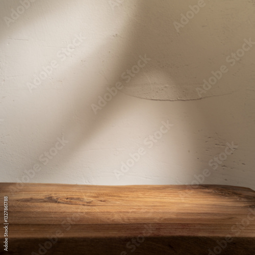 Empty table on stucco background with natural shadows on wall. Mock up for branding products, presentation, food and health care.	