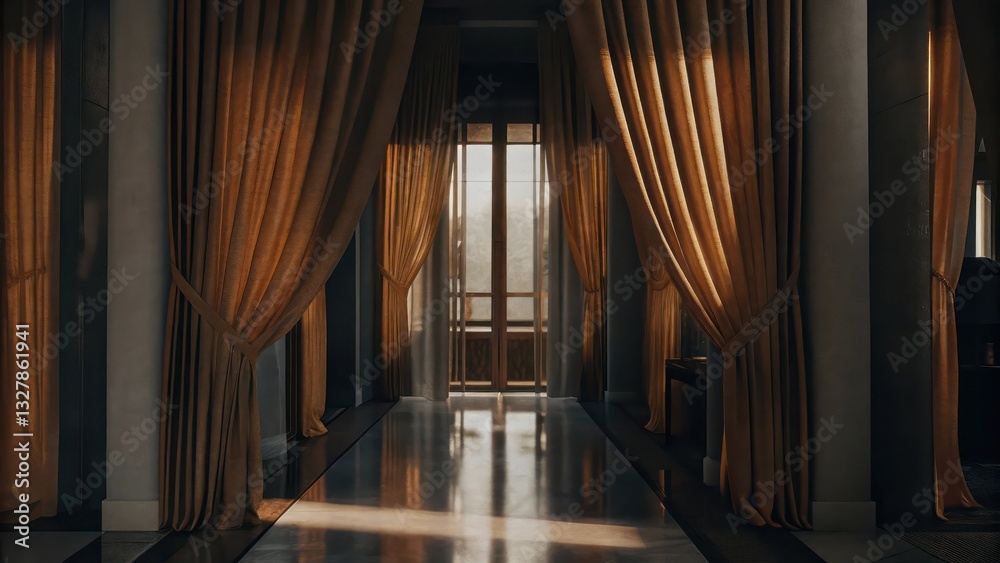 Obraz premium an elegant hall with golden curtains and a bright window at the end, creating a sense of luxury and anticipation. The architecture is classical, and the atmosphere is inviting