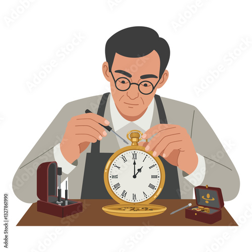 Clockmaker repairing vintage pocket watch in detailed flat vector art