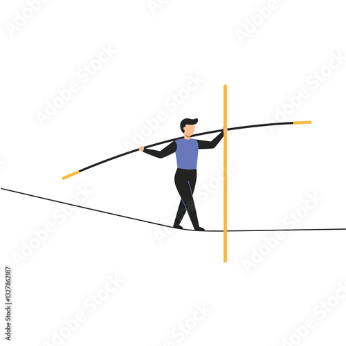 Person balancing on a tightrope with pole in flat vector art
