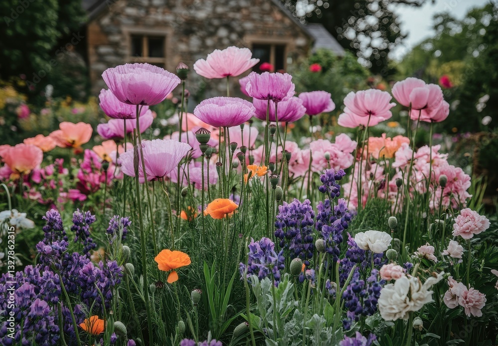 Colorful flower garden with vibrant blooms in a serene setting near a charming stone cottage surrounded by lush greenery and nature's beauty Colorful flower garden with vibrant blooms in a serene setting near a charming stone cottage surrounded by lush greenery and nature's beauty