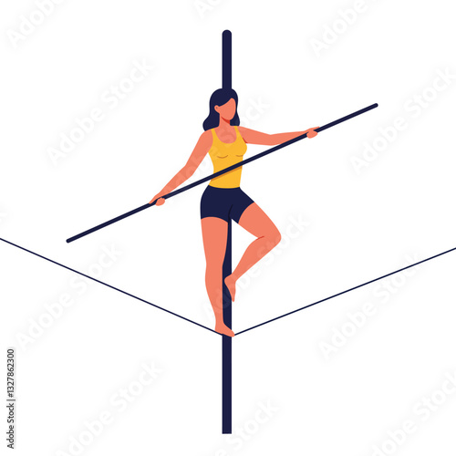 Balancing performer on tightrope in flat minimal style vector art